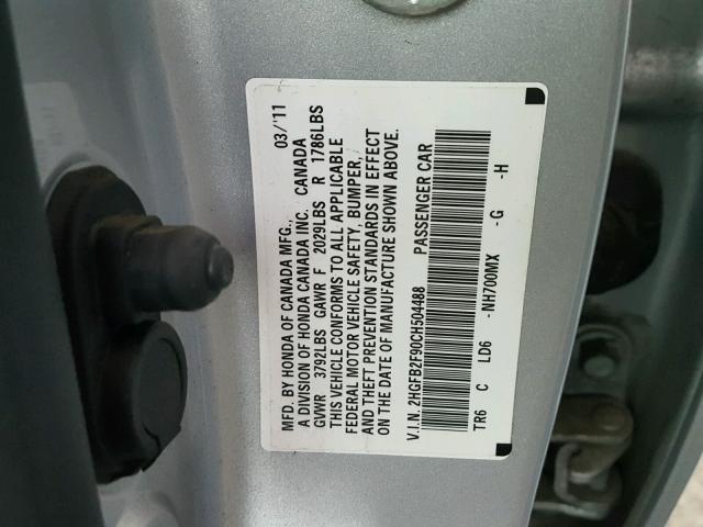 2HGFB2F90CH504488 - 2012 HONDA CIVIC EXL ვერცხლისფერი ფოტო 10