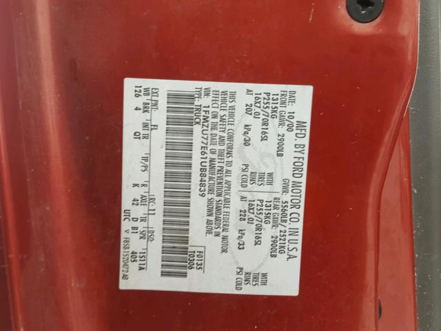 1FMZU77E61UB84839 - 2001 FORD EXPLORER S RED photo 10