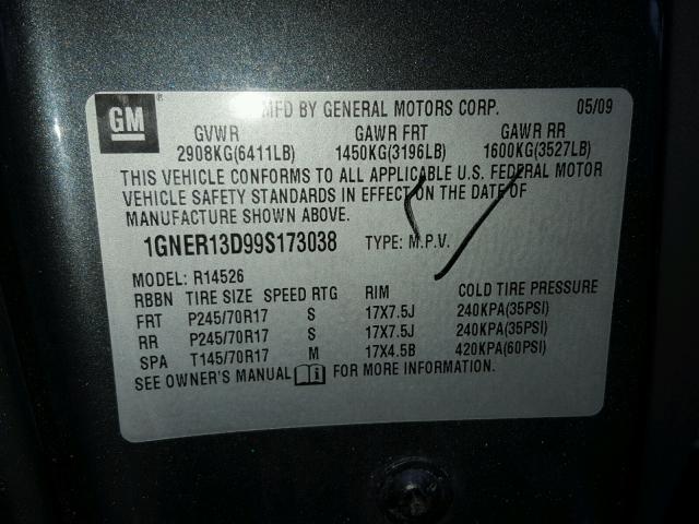 1GNER13D99S173038 - 2009 CHEVROLET TRAVERSE L GRAY photo 10