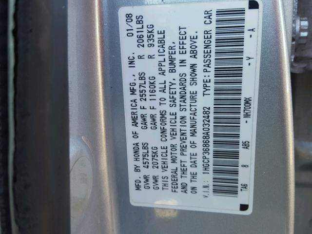 1HGCP36868A032482 - 2008 HONDA ACCORD EXL SILVER photo 10