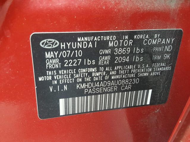 KMHDU4AD9AU088230 - 2010 HYUNDAI ELANTRA BL RED photo 10