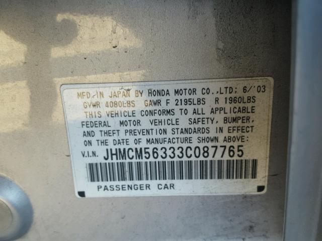 JHMCM56333C087765 - 2003 HONDA ACCORD LX SILVER photo 10