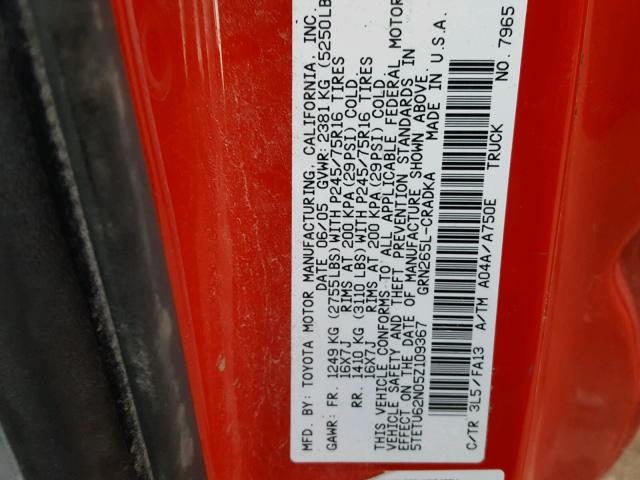 5TETU62N05Z109367 - 2005 TOYOTA TACOMA PRE RED photo 10