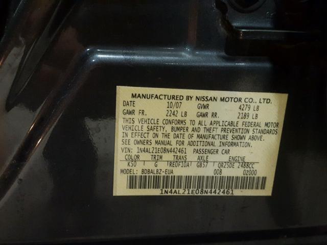 1N4AL21E08N442461 - 2008 NISSAN ALTIMA 2.5 GRAY photo 10