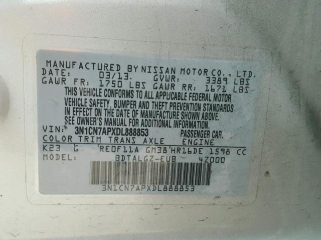 3N1CN7APXDL888853 - 2013 NISSAN VERSA S SILVER photo 10