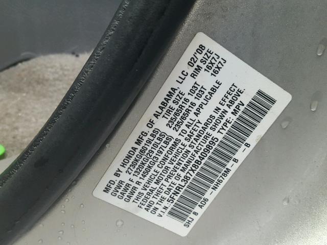 5FNRL387X8B409895 - 2008 HONDA ODYSSEY EX SILVER photo 10