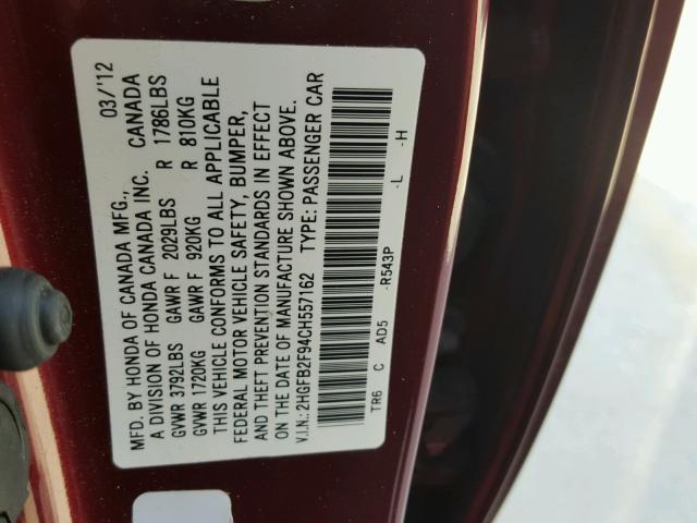 2HGFB2F94CH557162 - 2012 HONDA CIVIC EXL MAROON photo 10