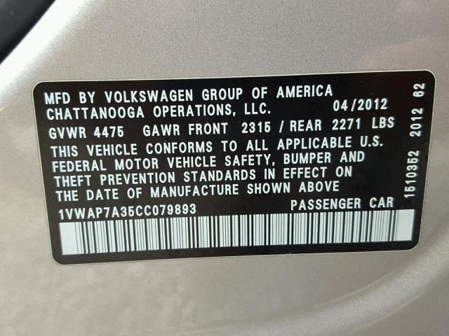 1VWAP7A35CC079893 - 2012 VOLKSWAGEN PASSAT S رمادي صورة 10
