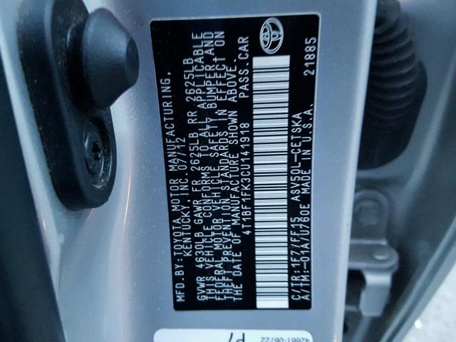 4T1BF1FK3CU141918 - 2012 TOYOTA CAMRY BASE SILVER photo 10