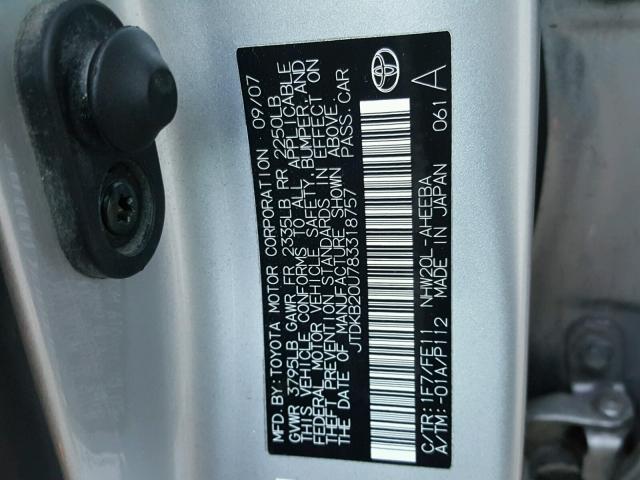 JTDKB20U783318757 - 2008 TOYOTA PRIUS SILVER photo 10