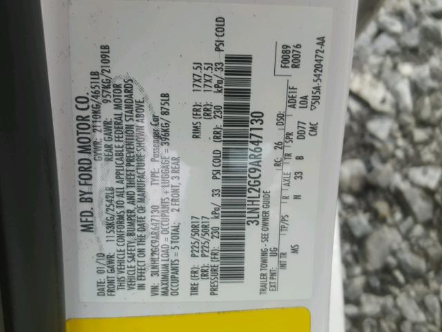 3LNHL2GC9AR647130 - 2010 LINCOLN MKZ Blanco foto 10