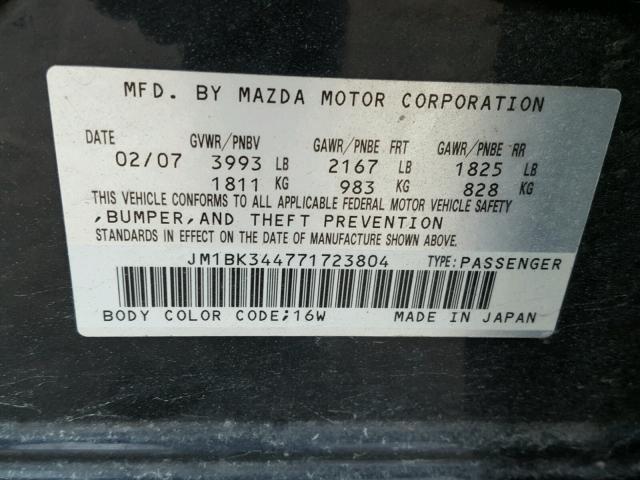 JM1BK344771723804 - 2007 MAZDA 3 HATCHBAC BLACK photo 10