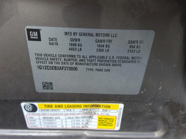 1G1ZC5EB3AF270806 - 2010 CHEVROLET MALIBU 1LT TAN photo 10