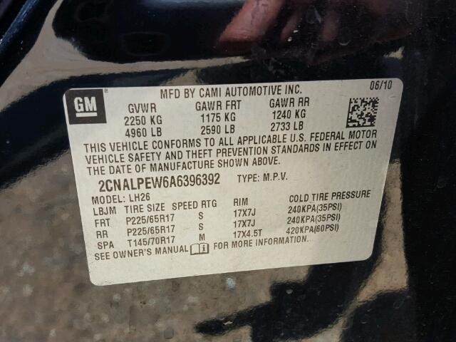 2CNALPEW6A6396392 - 2010 CHEVROLET EQUINOX LT BLACK photo 10