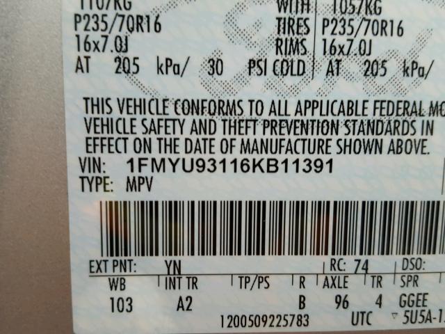 1FMYU93116KB11391 - 2006 FORD ESCAPE XLT SILVER photo 10