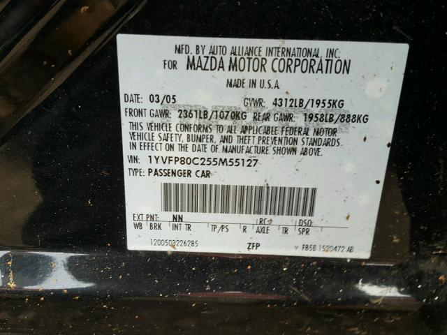 1YVFP80C255M55127 - 2005 MAZDA 6 I BLACK photo 10