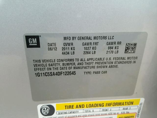 1G11C5SA4DF122645 - 2013 CHEVROLET MALIBU 1LT SILVER photo 10
