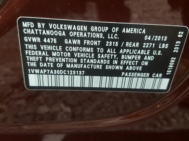 1VWAP7A30DC123137 - 2013 VOLKSWAGEN PASSAT S MAROON photo 10