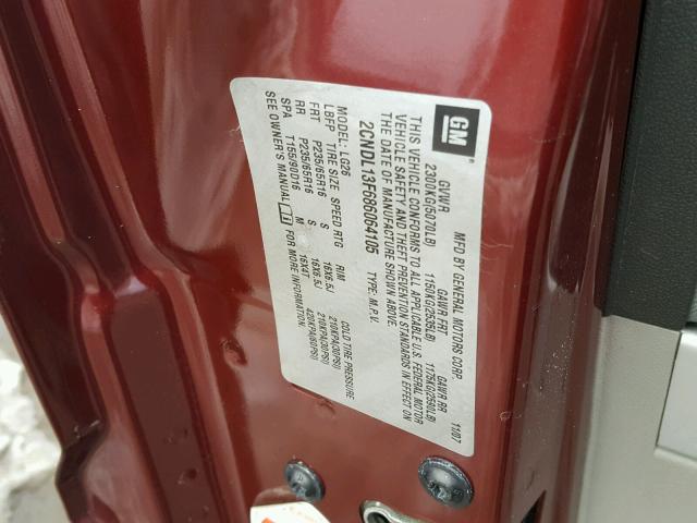 2CNDL13F686064105 - 2008 CHEVROLET EQUINOX LS RED photo 10