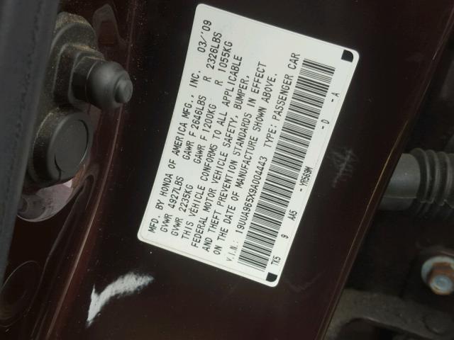 19UUA965X9A004443 - 2009 ACURA TL BURGUNDY photo 10