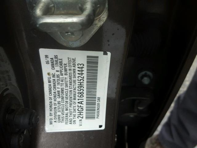2HGFA16859H524443 - 2009 HONDA CIVIC EX 灰色 照片 10