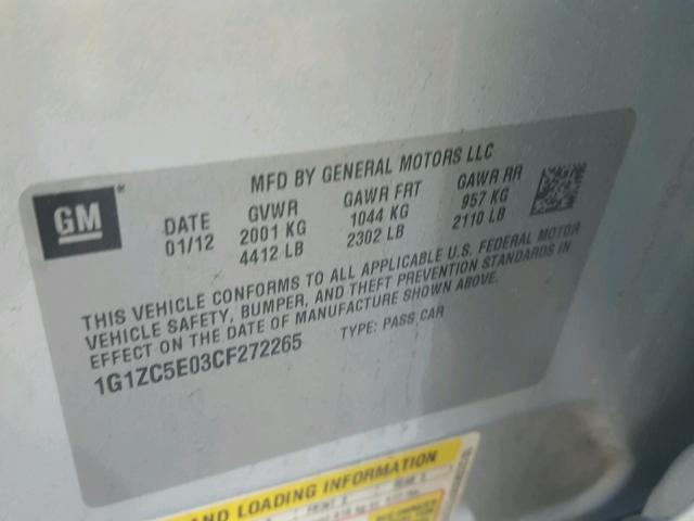 1G1ZC5E03CF272265 - 2012 CHEVROLET MALIBU 1LT ვერცხლისფერი ფოტო 10