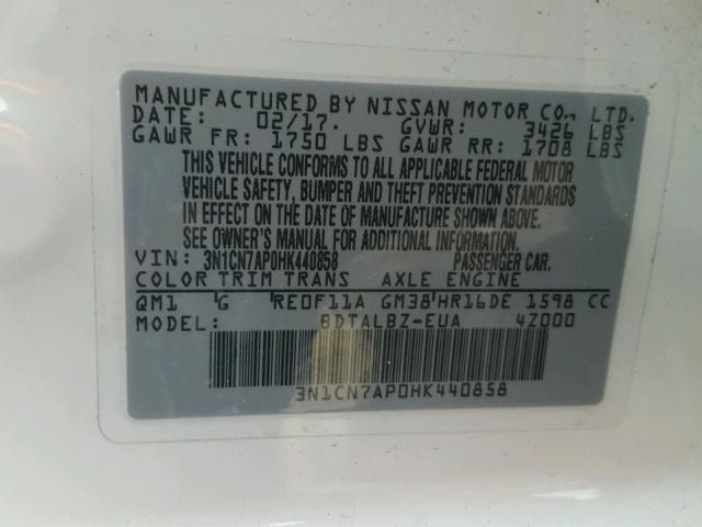 3N1CN7AP0HK440858 - 2017 NISSAN VERSA S WHITE photo 10