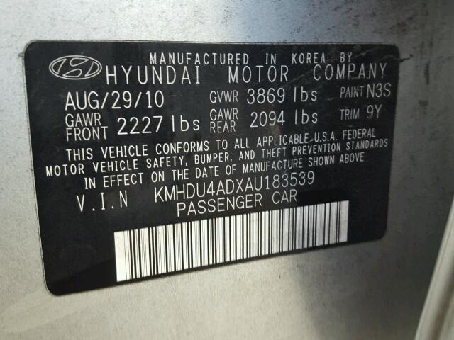 KMHDU4ADXAU183539 - 2010 HYUNDAI ELANTRA BL SILVER photo 10