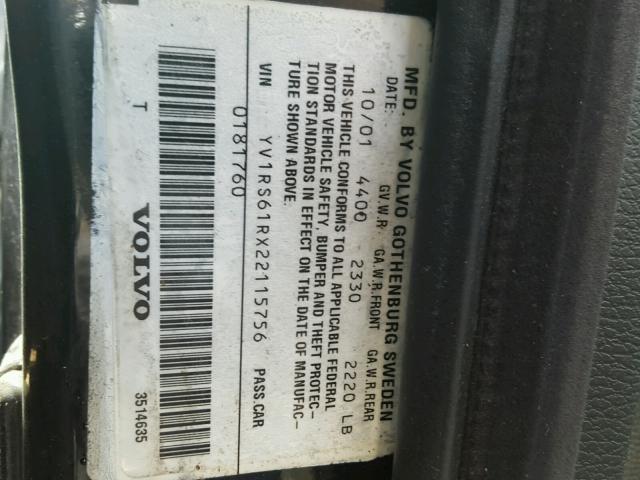 YV1RS61RX22115756 - 2002 VOLVO S60 BLACK photo 10