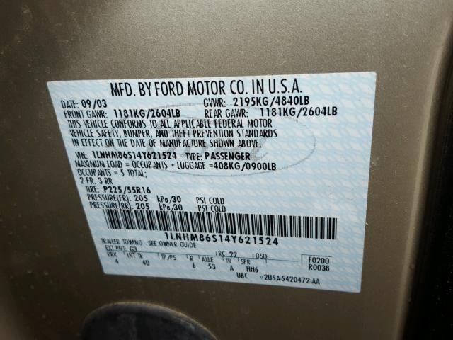 1LNHM86S14Y621524 - 2004 LINCOLN LS GOLD photo 10