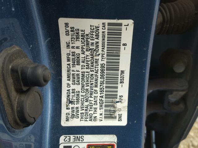 1HGFA16576L069695 - 2006 HONDA CIVIC LX BLUE photo 10