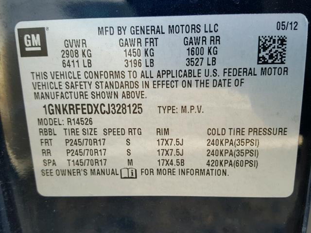 1GNKRFEDXCJ328125 - 2012 CHEVROLET TRAVERSE L BLUE photo 10