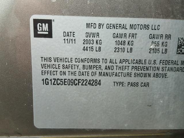 1G1ZC5E09CF224284 - 2012 CHEVROLET MALIBU 1LT 石墨色 照片 10