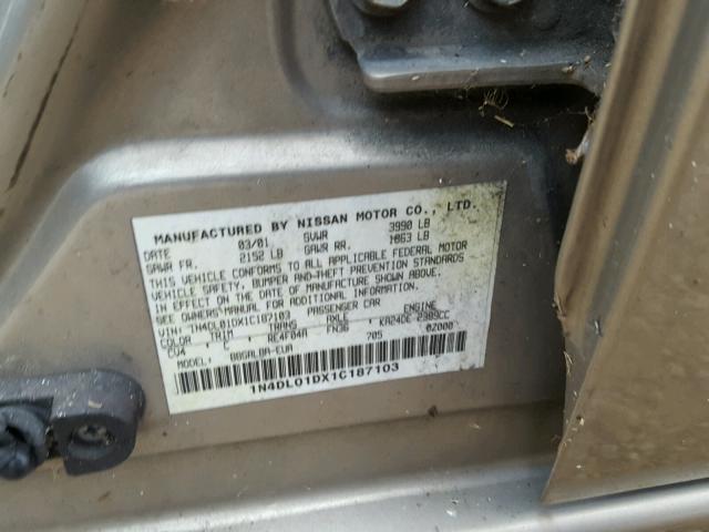 1N4DL01DX1C187103 - 2001 NISSAN ALTIMA XE TAN photo 10