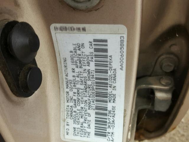 2T1AE00E9PC019471 - 1993 TOYOTA COROLLA LE 米色 照片 10