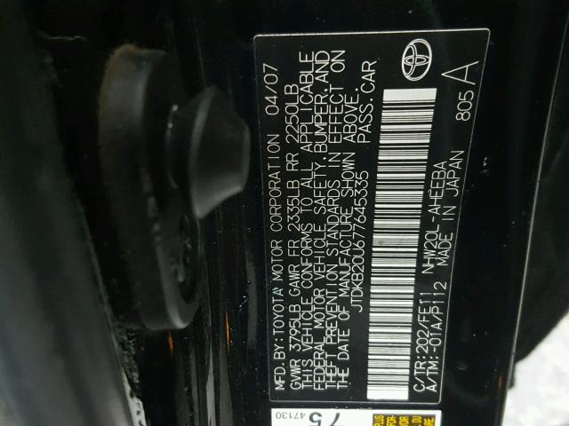 JTDKB20U677645335 - 2007 TOYOTA PRIUS BLACK photo 10