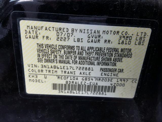 3N1AB61E17L722881 - 2007 NISSAN SENTRA 2.0 BLACK photo 10