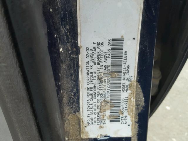 JT2BK12U020055570 - 2002 TOYOTA PRIUS BLUE photo 10