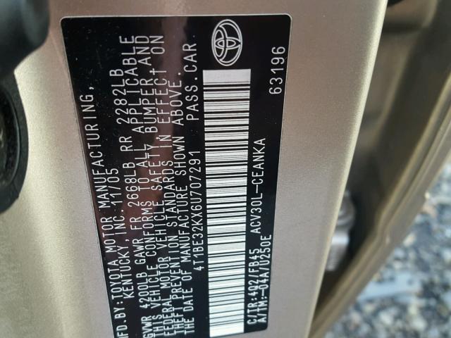 4T1BE32KX6U707291 - 2006 TOYOTA CAMRY LE ოქროსფერი ფოტო 10