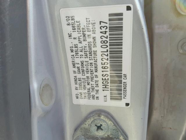 1HGES16522L082437 - 2002 HONDA CIVIC LX SILVER photo 10