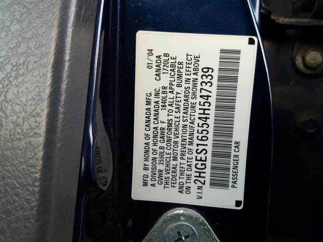 2HGES16554H547339 - 2004 HONDA CIVIC LX BLUE photo 10