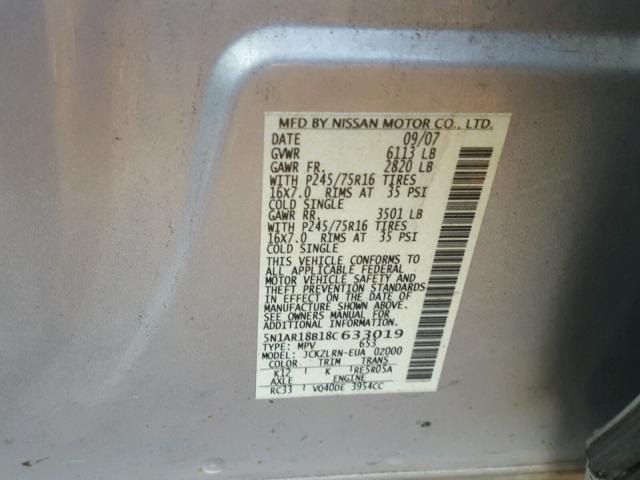 5N1AR18B18C633019 - 2008 NISSAN PATHFINDER SILVER photo 10