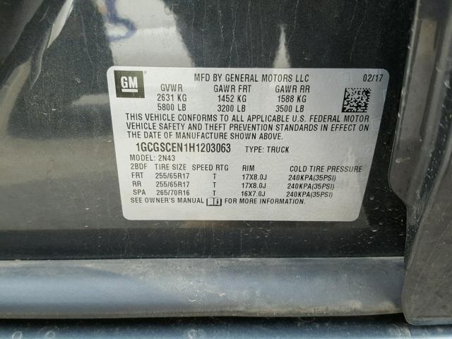 1GCGSCEN1H1203063 - 2017 CHEVROLET COLORADO L CHARCOAL photo 10