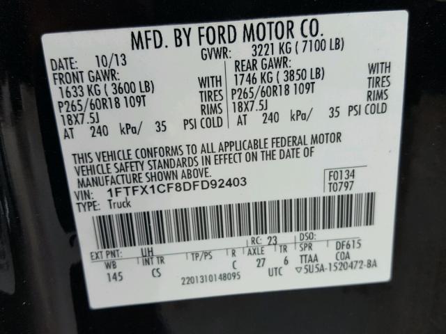 1FTFX1CF8DFD92403 - 2013 FORD F150 SUPER BLACK photo 10