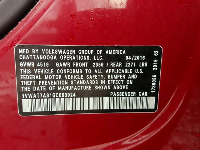 1VWAT7A31GC053924 - 2016 VOLKSWAGEN PASSAT S Կարմիր լուսանկար 10