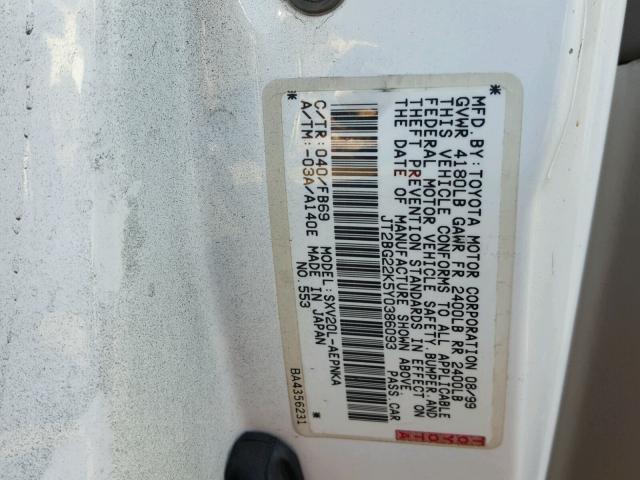 JT2BG22K5Y0386093 - 2000 TOYOTA CAMRY CE WHITE photo 10