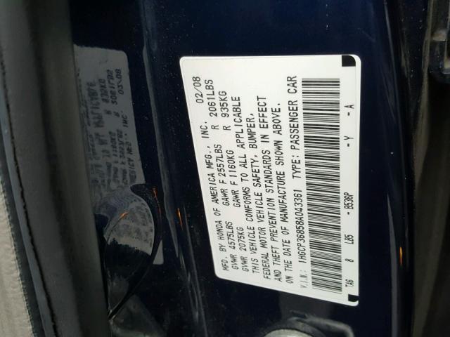 1HGCP36858A043361 - 2008 HONDA ACCORD EXL BLUE photo 10