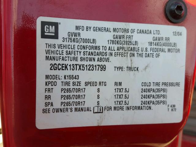 2GCEK13TX51231799 - 2005 CHEVROLET SILVERADO RED photo 10