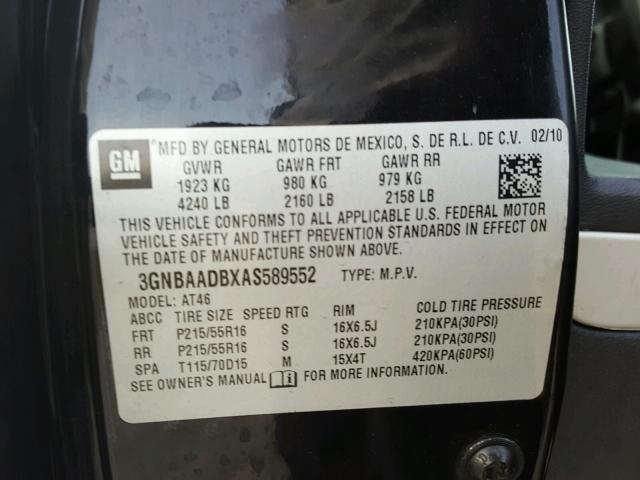 3GNBAADBXAS589552 - 2010 CHEVROLET HHR LS BLACK photo 10