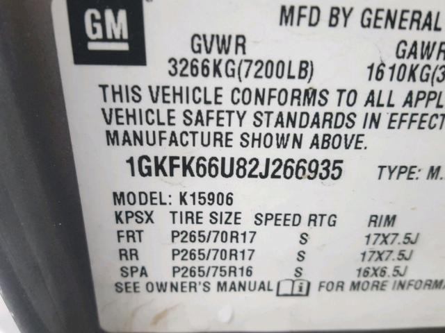 1GKFK66U82J266935 - 2002 GMC DENALI XL TAN photo 10